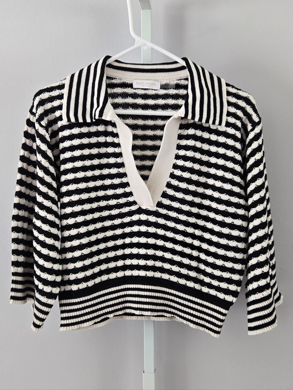 Ramy Brook Black & White Striped Collared V-Neck Sweater